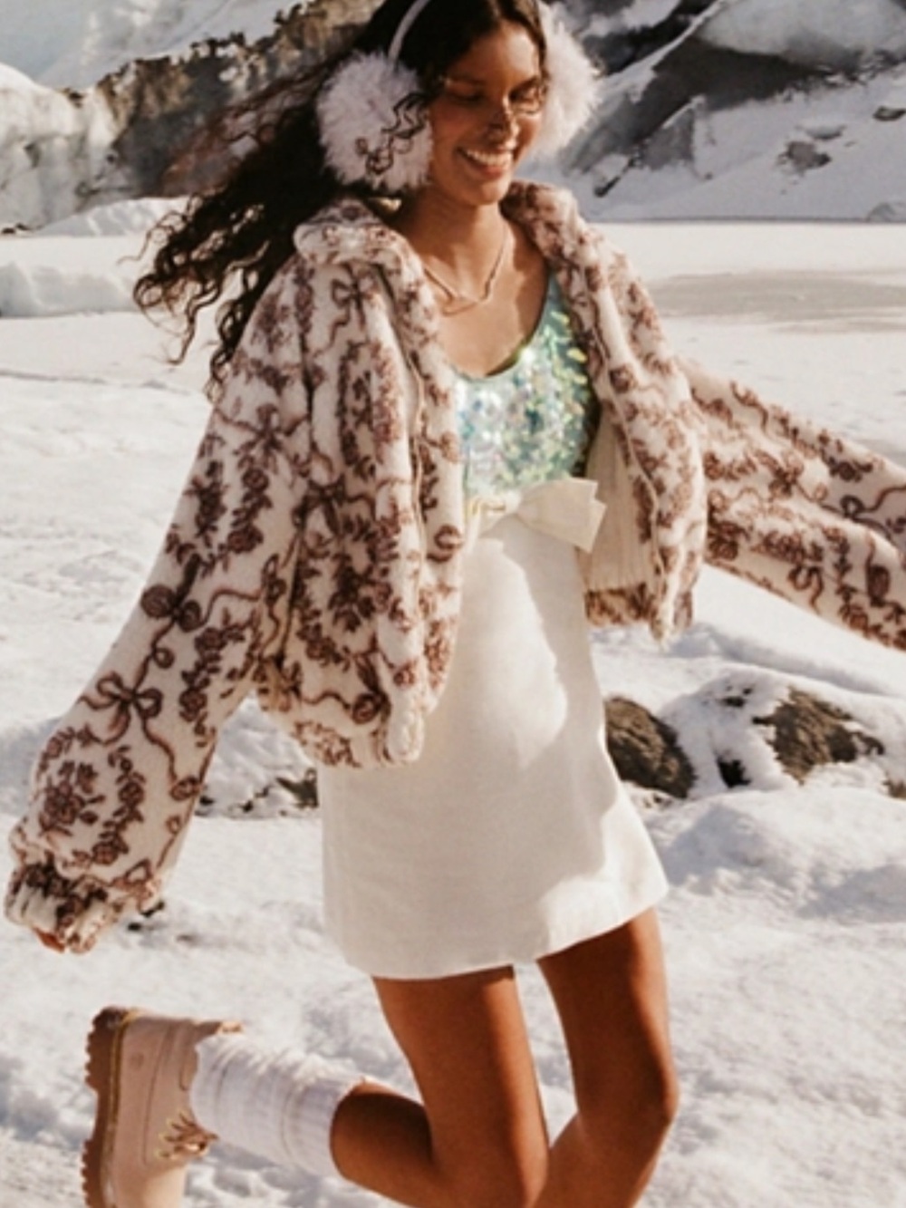 Urban Outfitters Kimchi Blue Snow Bunny Cream & Brown Patterned Faux-Fur Jacket
